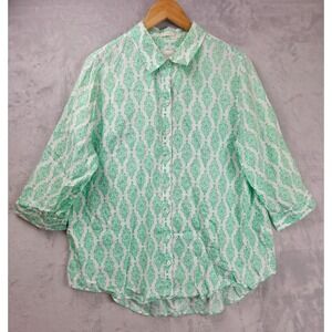 Chico's 3 Women's XL Linen White Green Geometric Shirt Tunic Top Button Front